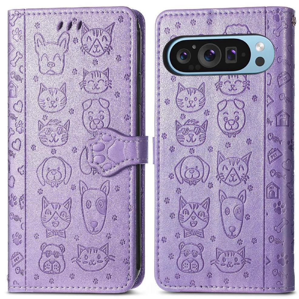 Funda Cartera Foxdock Para Google Pixel 10 Pro Xl , Flip Pu Con Relieve De Gatos Y Perros, Tarjetero Y Soporte