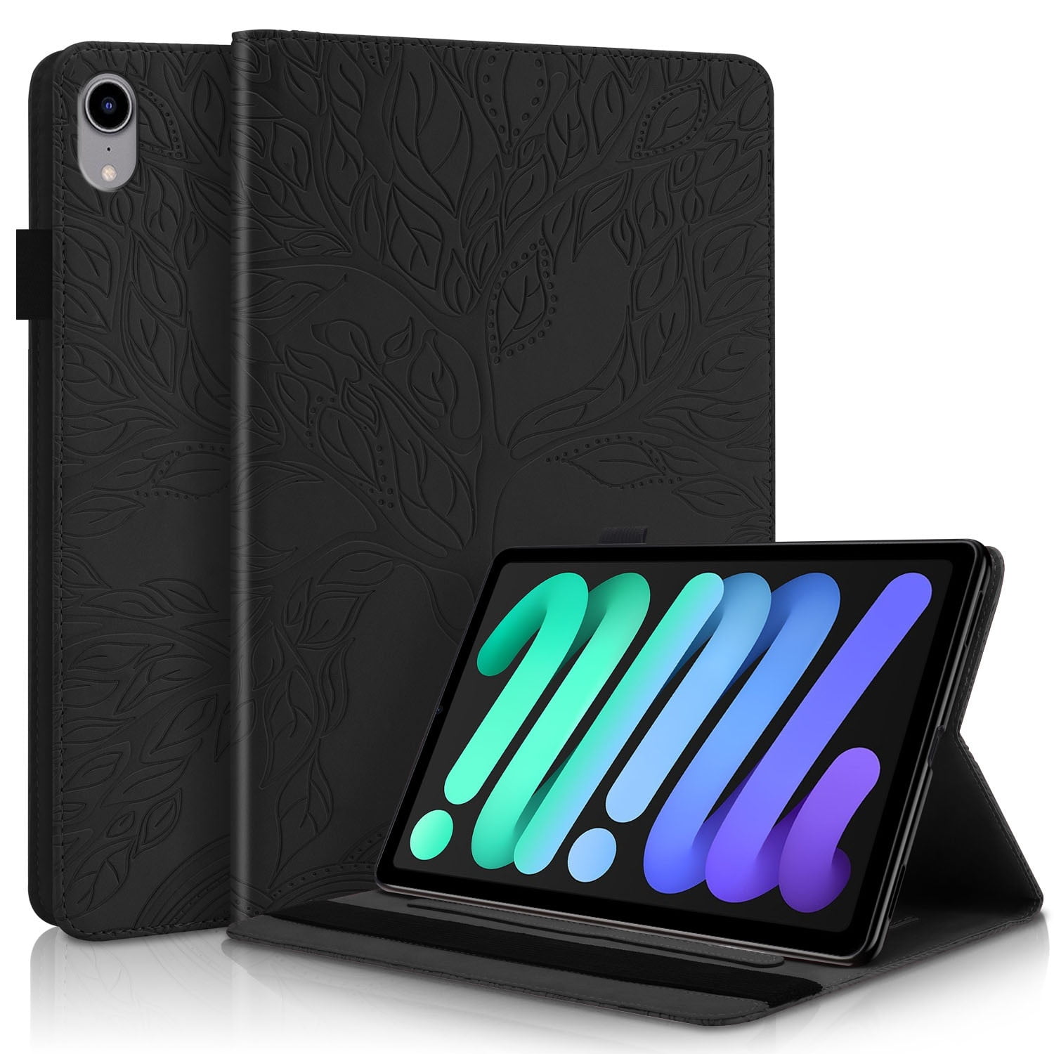 Foxdock - Funda Con Relieve Del Árbol De La Vida Para Tablet Ipad Mini 6 Con Soporte, Ranuras Para Tarjetas Y Soporte Para Lápiz Óptico. Negro