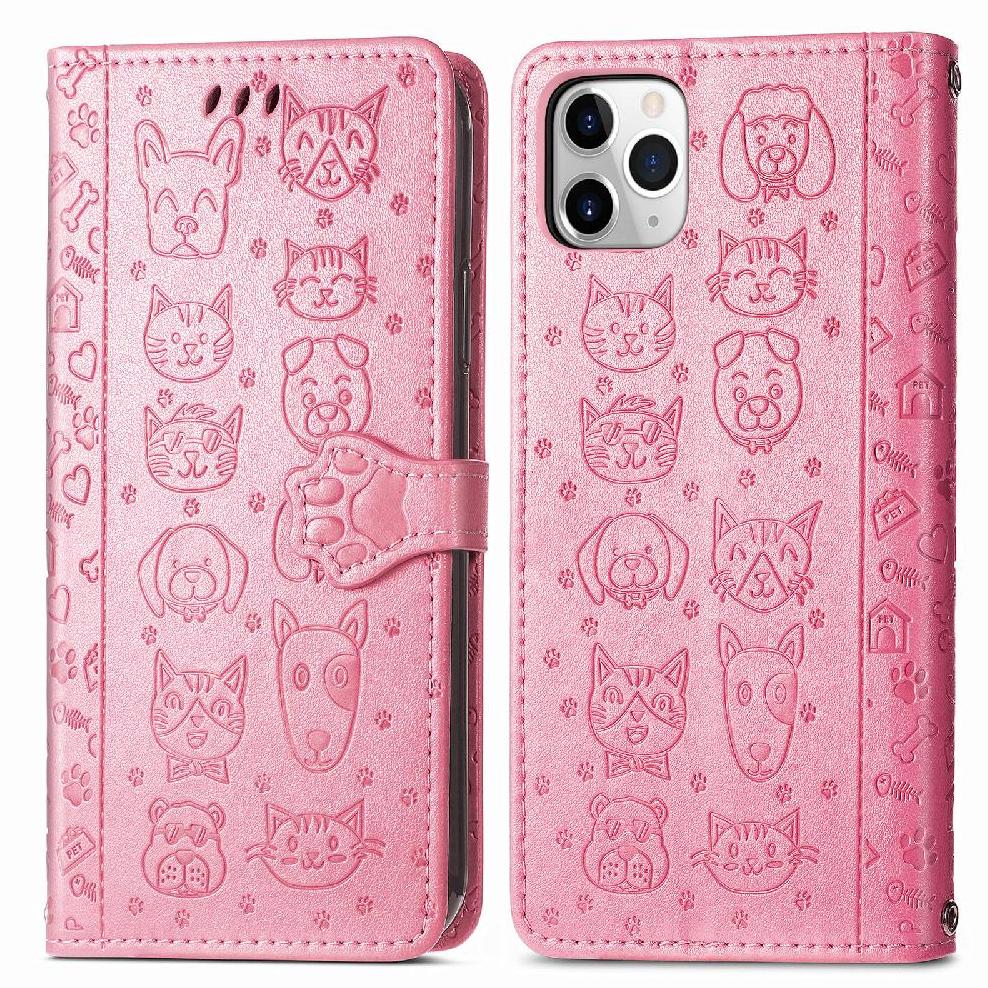 Funda Cartera Foxdock Para Iphone 11 Promax , Flip Pu Con Relieve De Gatos Y Perros, Tarjetero Y Soporte
