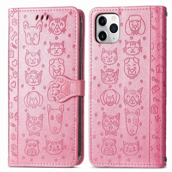 Funda Cartera FOXDOCK para iPhone 11 ProMax , Flip PU con Relieve de Gatos y Perros, Tarjetero y Soporte