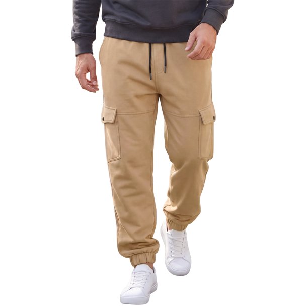 Pantalones de chándal forrados de vellón para hombre con múltiples bolsillos y cintura con cordón, pantalones cargo 32 caqui