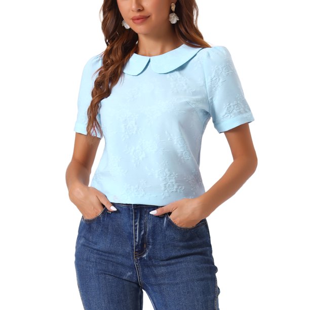 INSPIRE CHIC Blusa con Cuello Peter Pan para Mujeres Regreso a Clases Jacquard Floral Manga Corta Abullonada Kawaii Talla XL Azul Claro