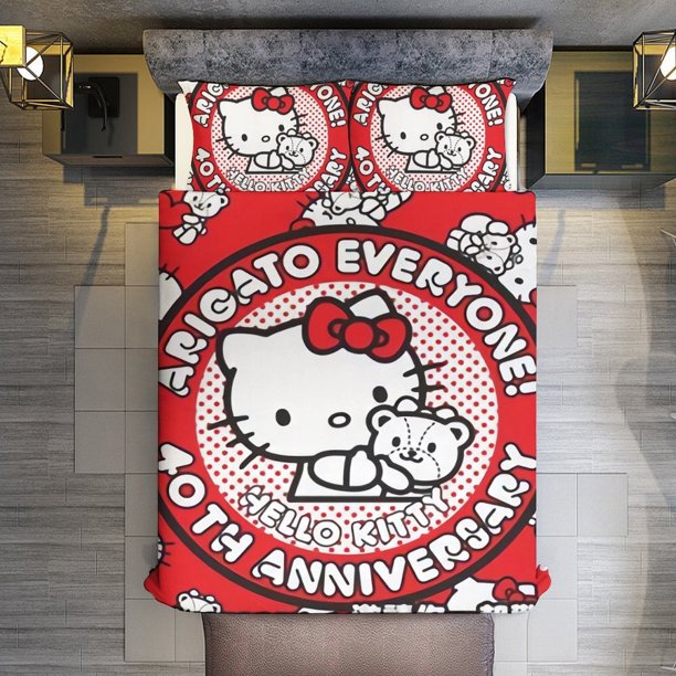 ARIGATO EVERYONE! ANNIVERSARY Hello Kitty 3 Pieces Duvet Cover Set Full Size Super Soft Fade Resistant Microfiber
