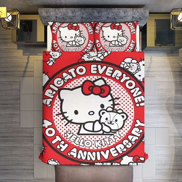 ARIGATO EVERYONE! ANNIVERSARY Hello Kitty 3 Pieces Duvet Cover Set Full Size Super Soft Fade Resistant Microfiber