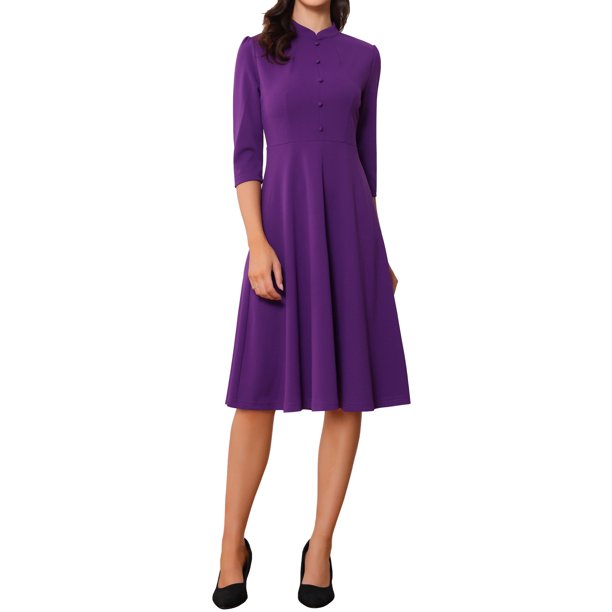 INSPIRE CHIC Vestido Vintage para Mujer con Mangas 3/4, Cuello Mao, Vestido de Línea A para Oficina, Talla S, Púrpura Oscuro