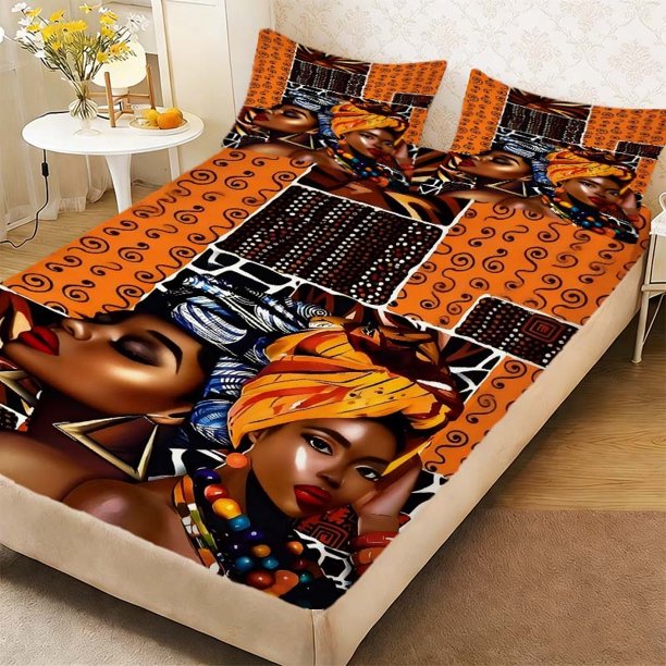 African Art Illustration Duvet Cover Set - Patterned Print Fitted Sheet Set Essential for Home and Guest Rooms Deep Pocket Keeps Sheet Securely in Place Soft an