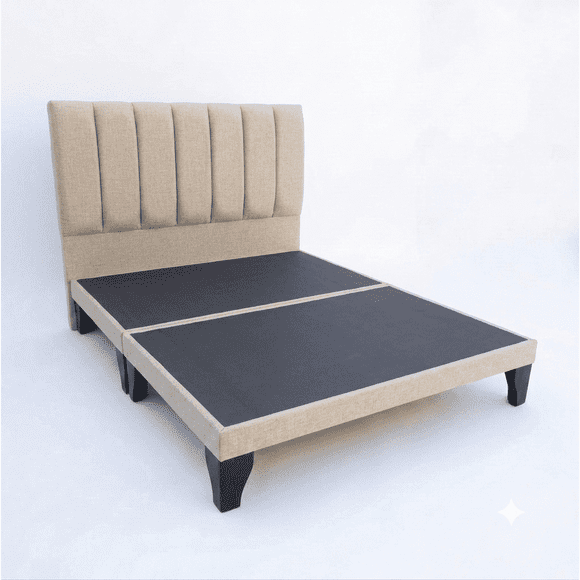 Cama europea 2 plazas de 150x190 con respaldo de rayas Beige Lino y bases divididas