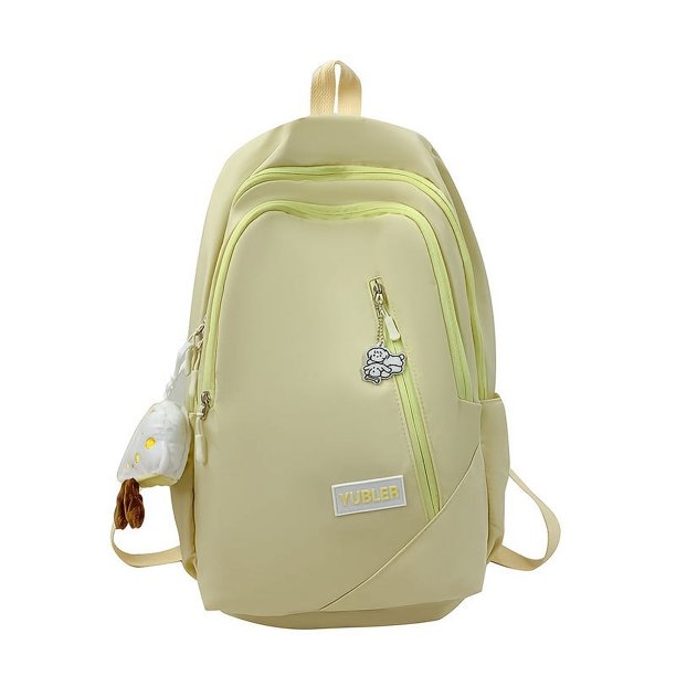 1pc Simple Solid Color Backpack With Cute Pendant, Junior High School Schoolbag Large Capacity Travel Backpack, Simple College Students Backpack