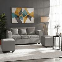 Deco Outlet - Living Kansas 3 Cuerpos + 2 Pouf Felpa Gris