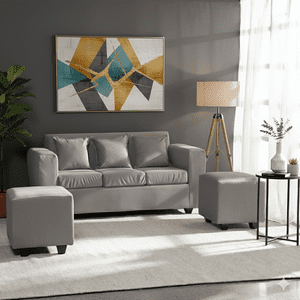 Deco Outlet - Living Kansas 3 Cuerpos + 2 Pouf Felpa Gris