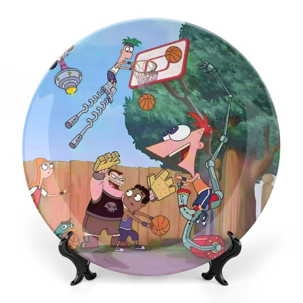 Phineas y Ferb Plato decorativo de porcelana fina (bone china), plato decorativo de cerámica para hogar, oficina, soporte de pared, platos decorativos para dormitorio - 6 pulgadas (15 cm)