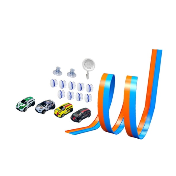 Pista de carreras flexible con rampa y coches de fricción, portátil con ventosas y 4 coches de aleación. para uso en interiores y exteriores. a partir