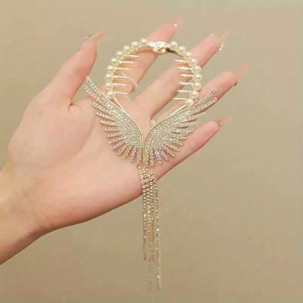Elegant Angel Wings Tassel Hairpin, Rhinestone Faux Pearls Hairpin For Women Girls, Wedding Engagement Party Princess Hair Accessories