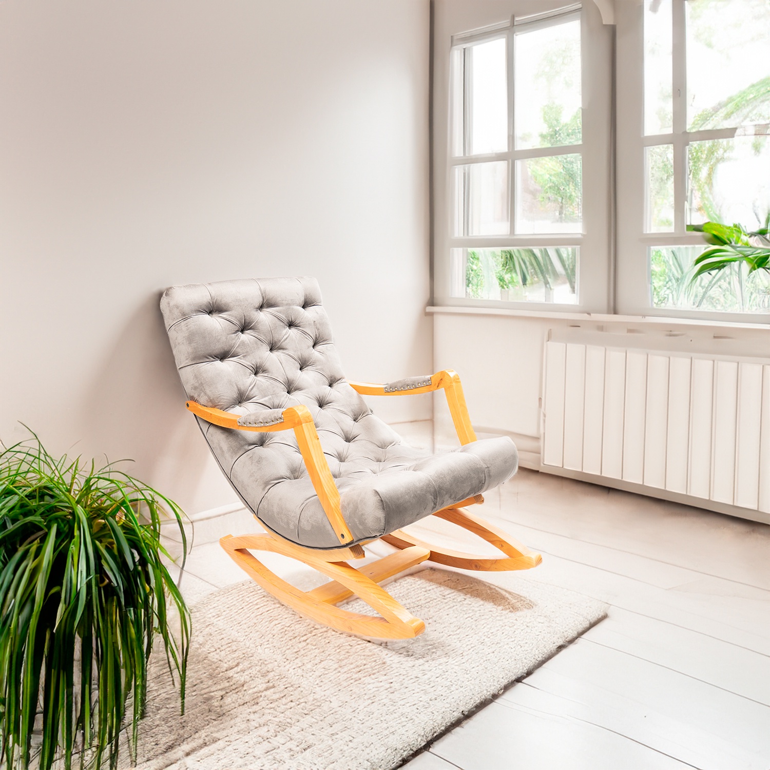 Muebles New - Silla Mecedora Capitone Gris Felpa