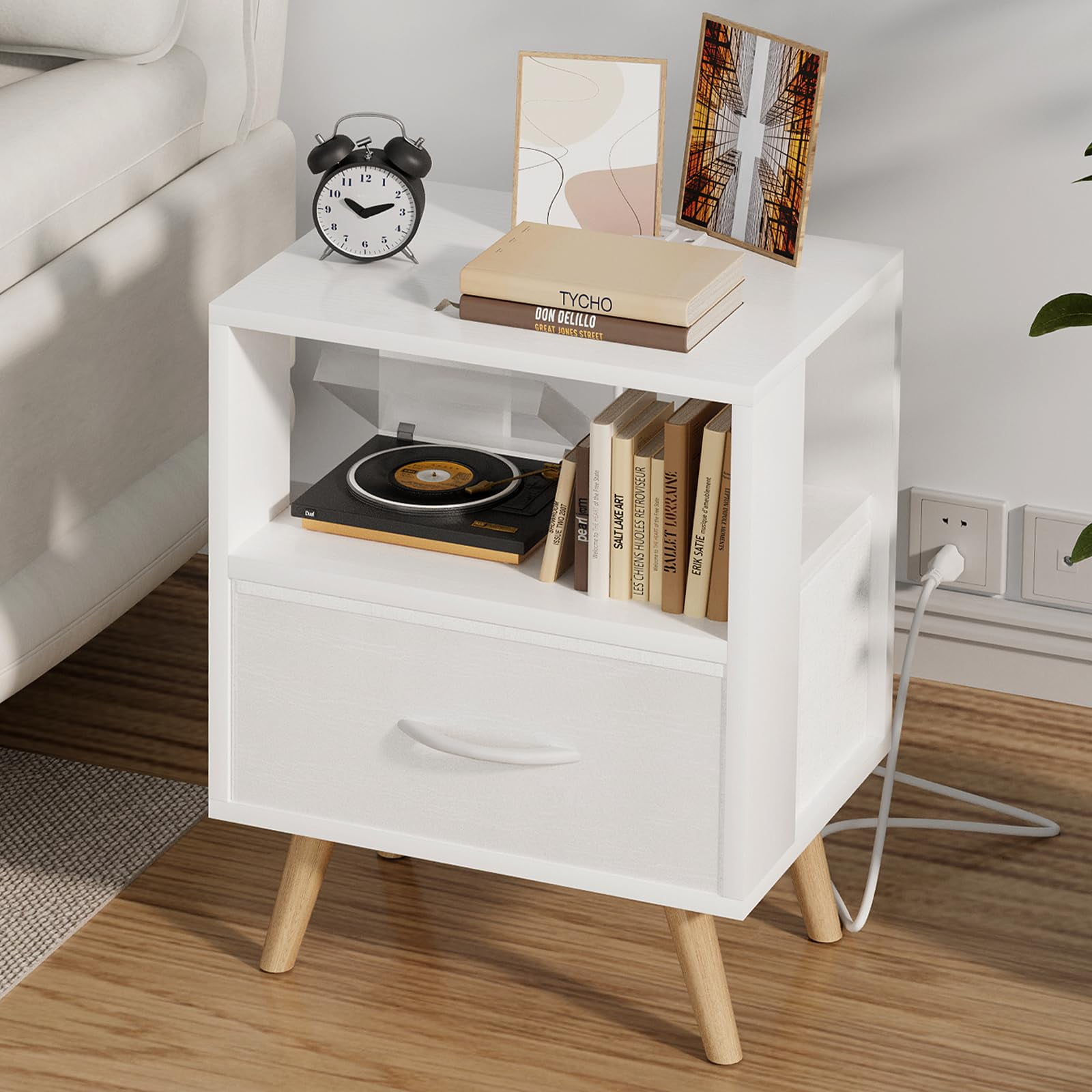 Mesa De Noche Aenuert Blanca 40x30x53 Cm Con Puerto De Carga Usb