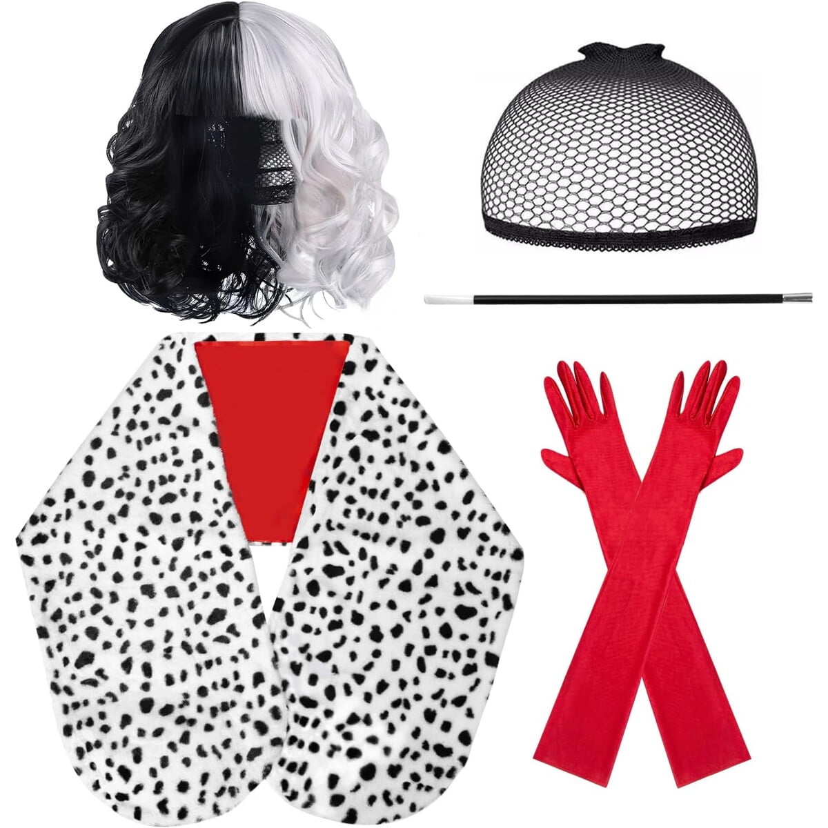 Disfraz Cruella Deville Mujer Halloween Peluca Dalmata Set