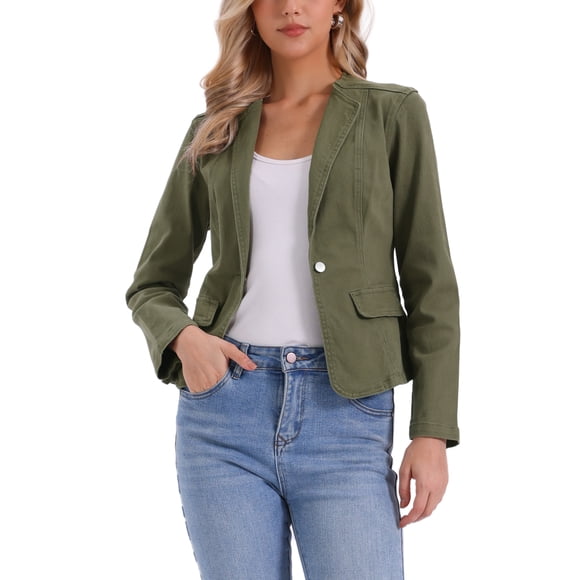 INSPIRE CHIC Chaqueta de Jean Elástica para Mujer de Regreso a Clases con Cuello de Solapa y Un Botón de Manga Larga para Trabajo S Verde Oliva