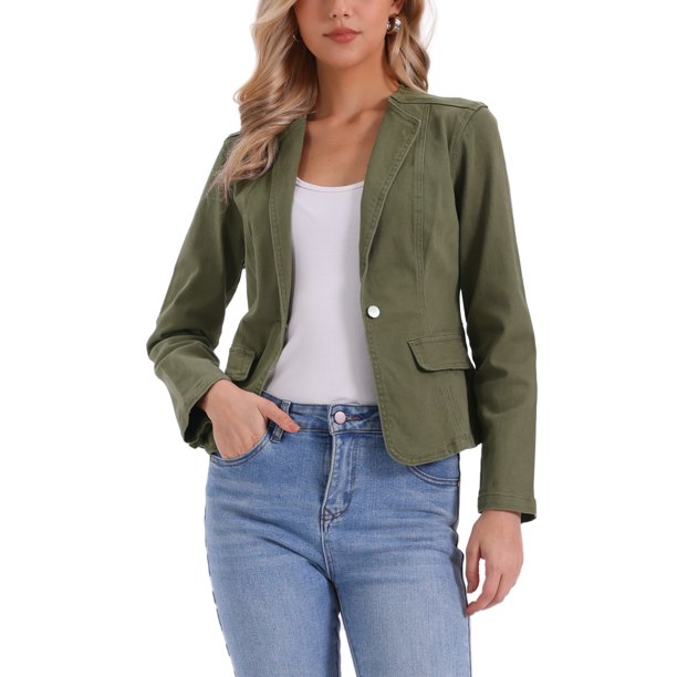 INSPIRE CHIC Chaqueta de Jean Elástica para Mujer de Regreso a Clases con Cuello de Solapa y Un Botón de Manga Larga Chaquetas de Trabajo de Mezclilla L Verde Oliva