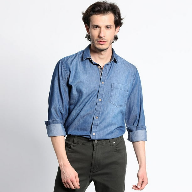 Camisa Manga Larga Denim Basica Regular Fit azul M