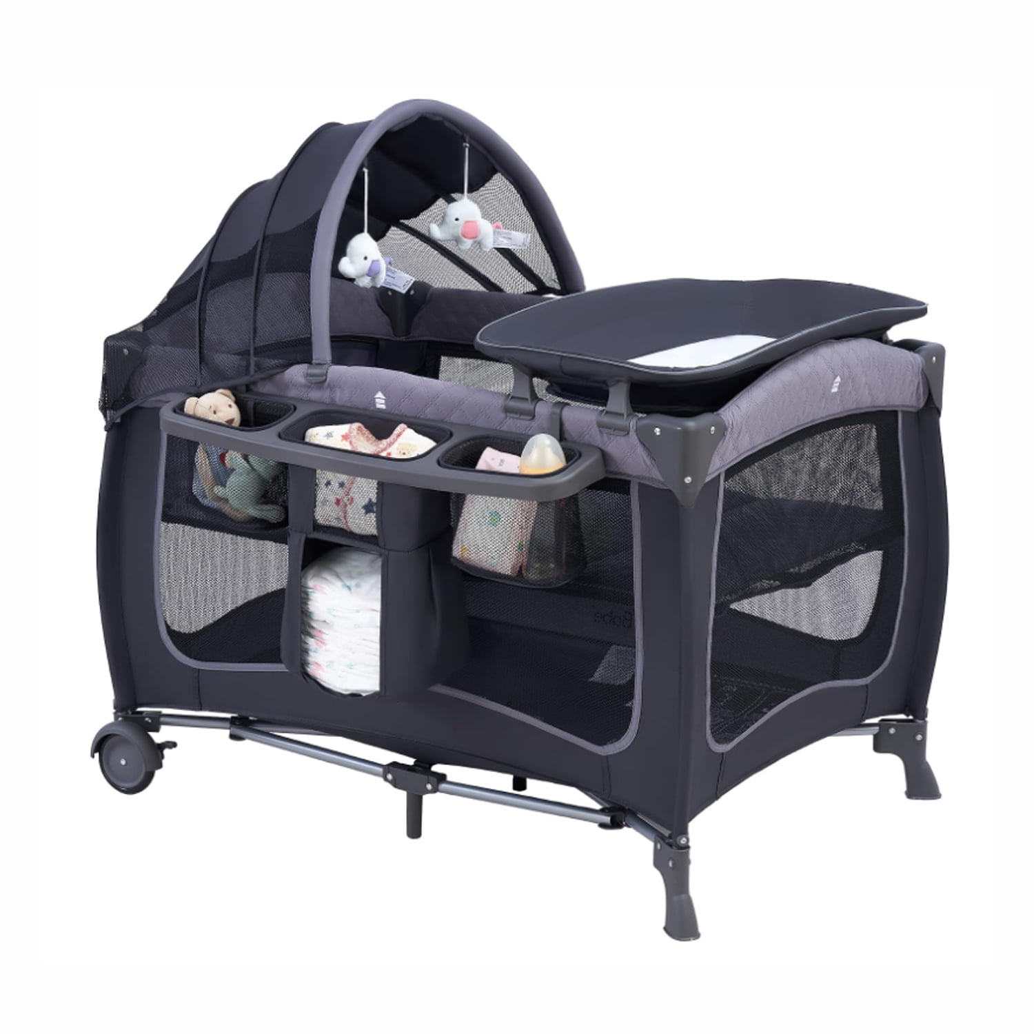 Cuna Corral Plegable De Viaje Kidscool Colecho Con Mudador Organizador Y Móvil 104 X 76 X 76 Cm Gris