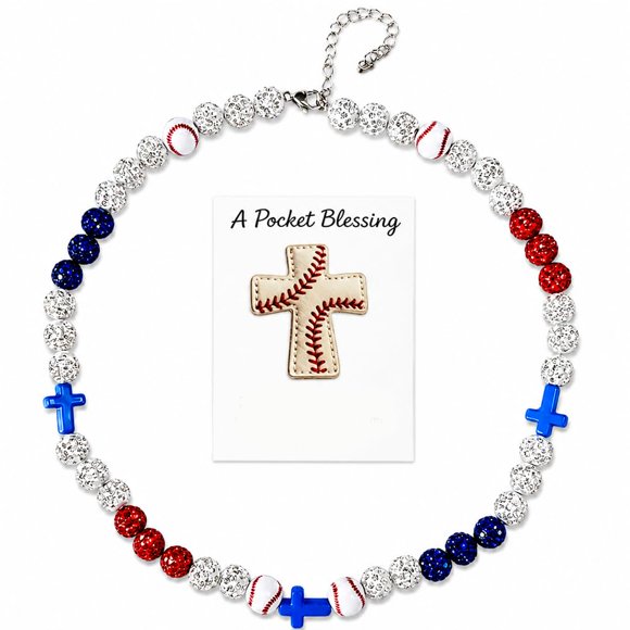 Collar COGU 46 cm con brillo – Cruz de béisbol en blanco, rojo y azul