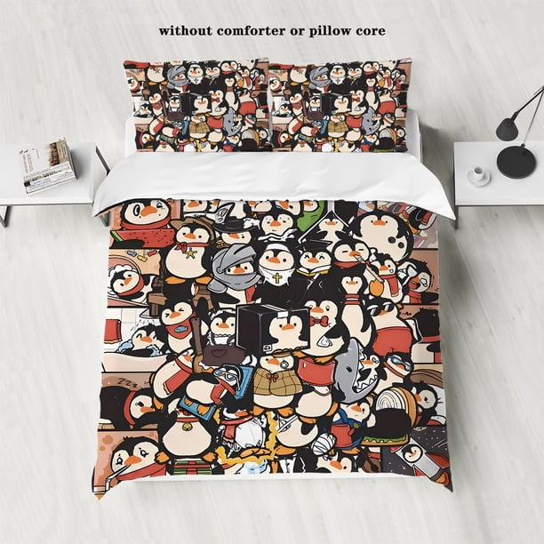 v2411 Bed Sheets pcs cartoon penguin pattern bedding set, quilt cover pillowcases, no filling, skin-friendly, soft, anti-pilling 3-Piece Bedding Set (1 Duvet Cover + 2 Pillow Shams) Bed Sheets ju2