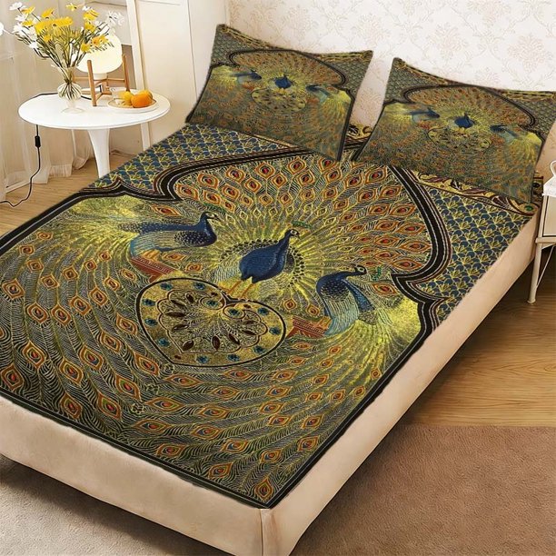 Islamic Peacock Art Duvet Cover Set - Fitted Sheet Pillowcase Set Soft Comfortable And Breathable for All Seasons Essential for Bedroom Or Dormitory Decoration