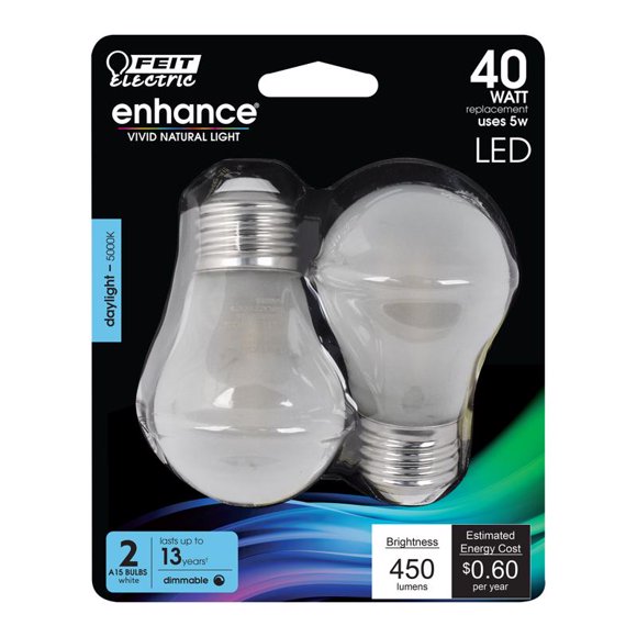 Bombilla LED Feit Enhance A15 E26 (mediana), filamento de 5 W, 5000 K, paquete de 2