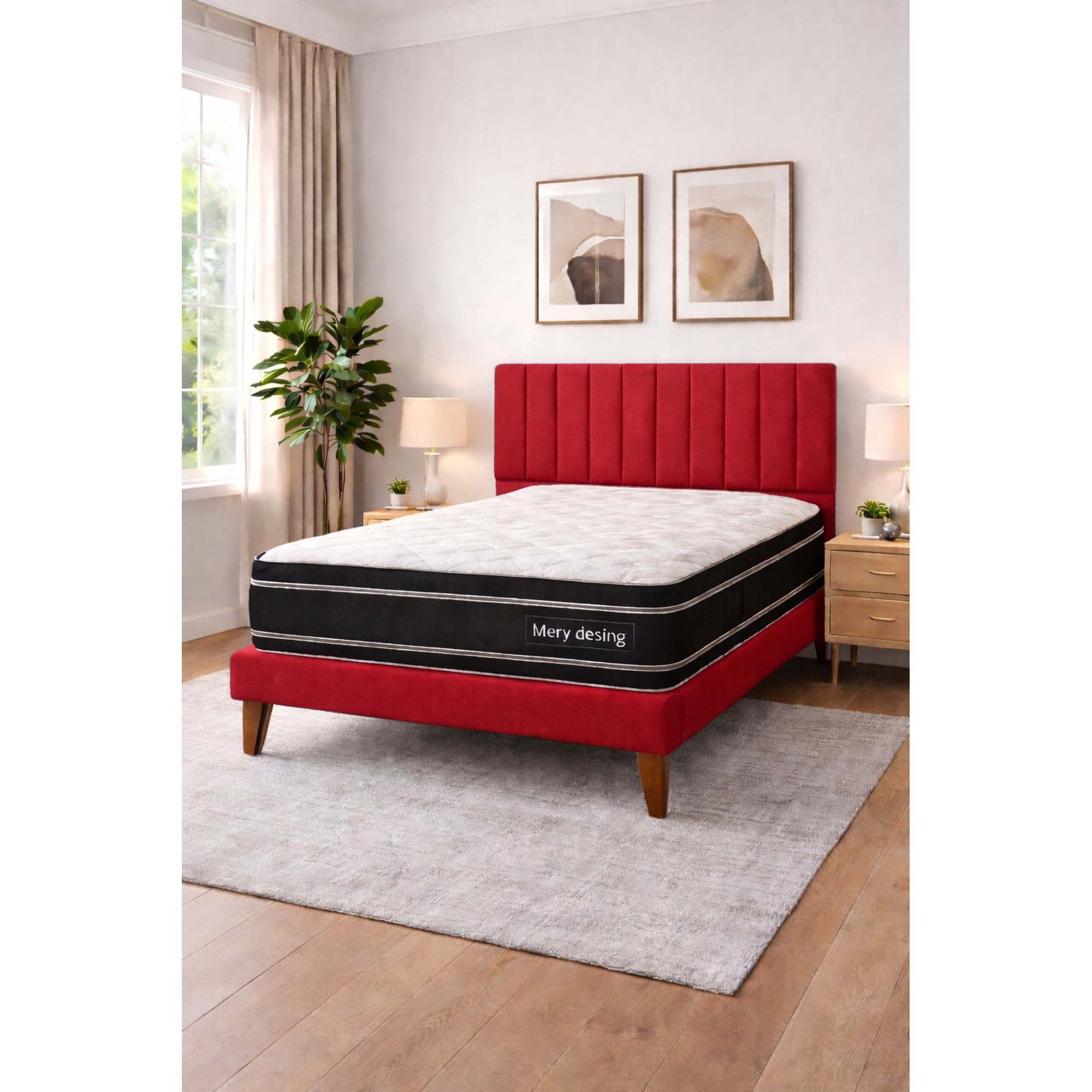 Ethan Desing - Cama Plaza Y Media Turin Rojo Respaldo + Base + Colchon Mery Desing Excellence Plus