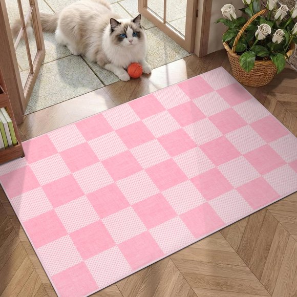 Alfombra GarveeHome 61 × 91 cm a cuadros rosa lavable