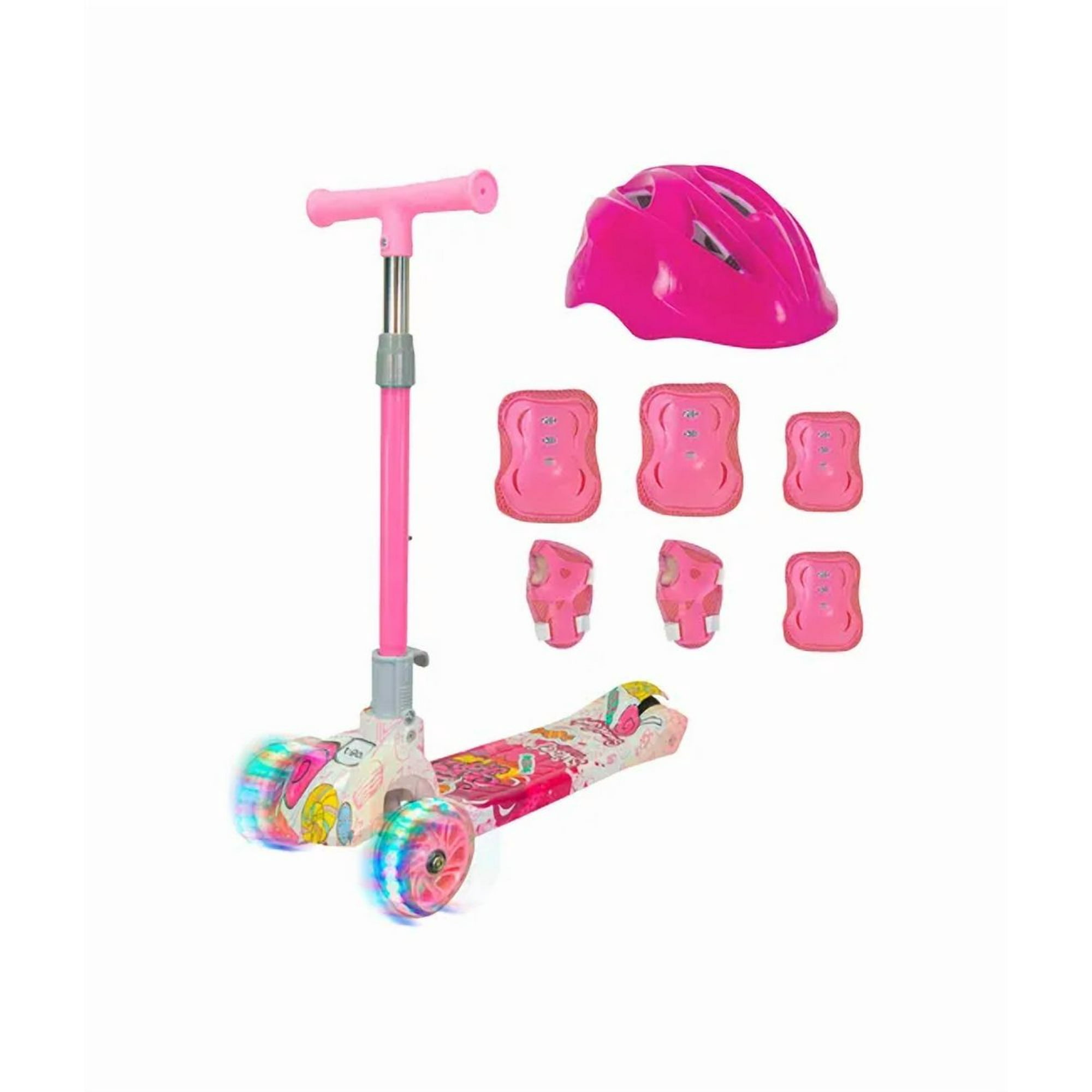 Genérico - Monopatín Luces T-go Ruedas + Casco Y Protecciones Rosado