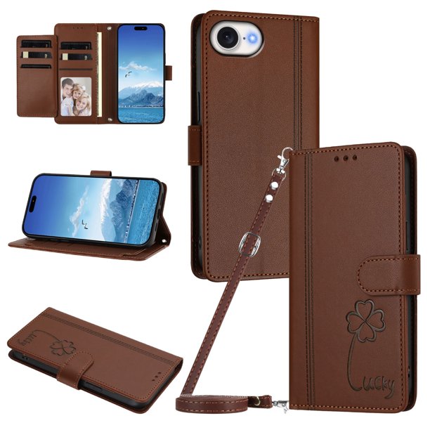 Funda Cartera Trébol para iPhone 17e/iPhone 16e con Ranuras Tarjetas y Carga Inalámbrica Marrón
