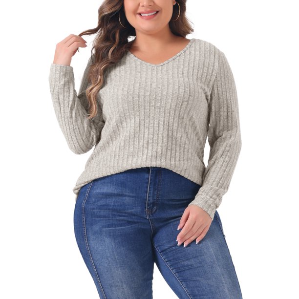 Agnes Orinda Blusa Casual Básica de Talla Grande para Mujer con Cuello en V y Manga Larga Acanalada Cepillada 3X Beige Marrón