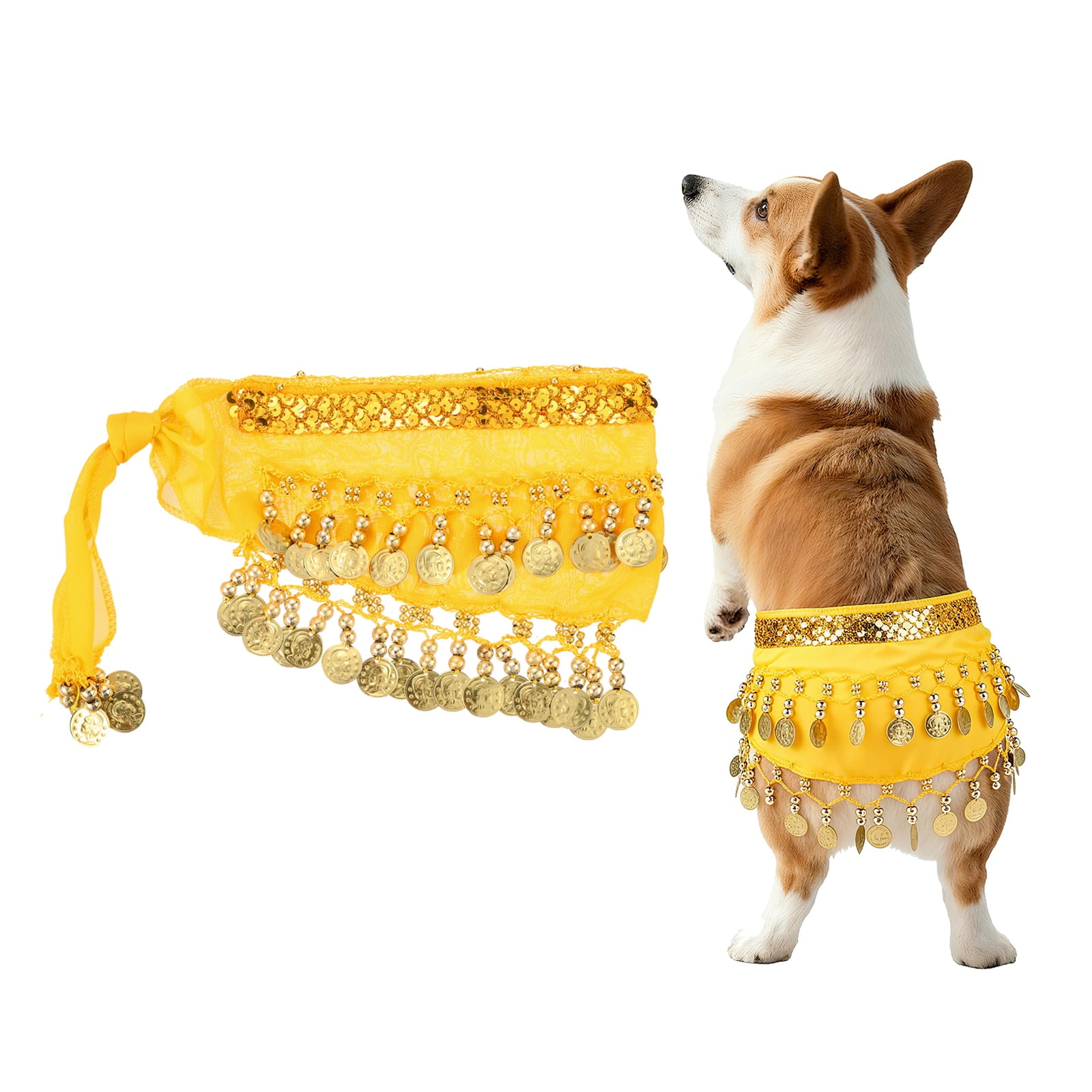 Falda de Bailarina de Vientre para Perros Uxcell, Cadena de Cintura Cortina de Cadera Ropa Disfraz de Perro Traje de Baile de Cadera con Pañuelo con Lentejuelas (Chifón, Amarillo)