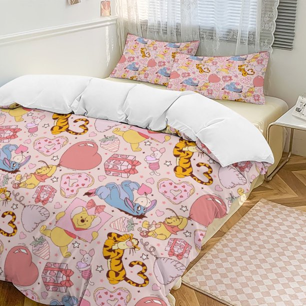 Pink Valentines Day Winnie The Pooh Comforter Set Soft 3 Pcs Twin Bedding Sets Thicken for All Season
