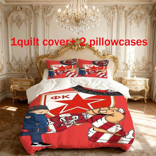 3pcs Red Star Team Logo Themed Printed Bedding Set Duvet Cover and Pillowcases
