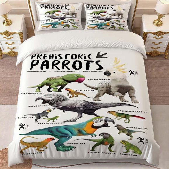 Prehistoric Parrot Creative Illustration Theme Print Three-Piece Bedding Set Soft Duvet Cover And Two Pillowcases