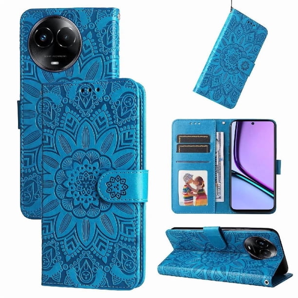 Funda tipo cartera FOXDOCK para Realme C67 5G , diseño girasol en relieve, cuero PU, cierre magnético, soporte y tarjetero