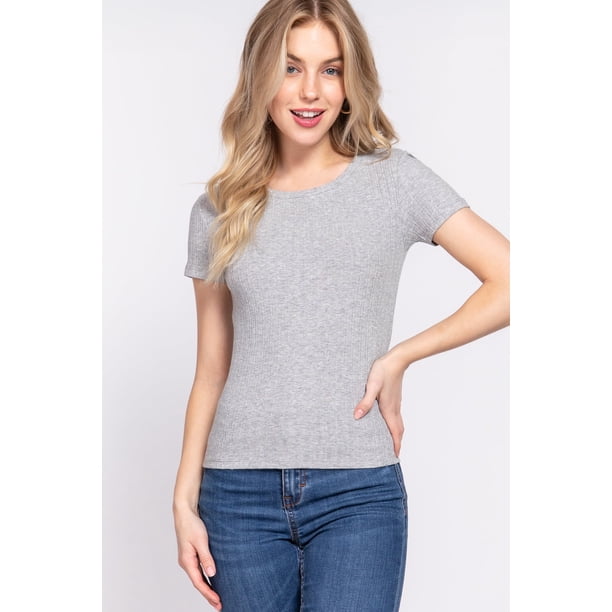 Saronite Camiseta Básica de Algodón Acanalado, de Manga Corta y Cuello Redondo, Color Gris Jaspeado (para Mujer)