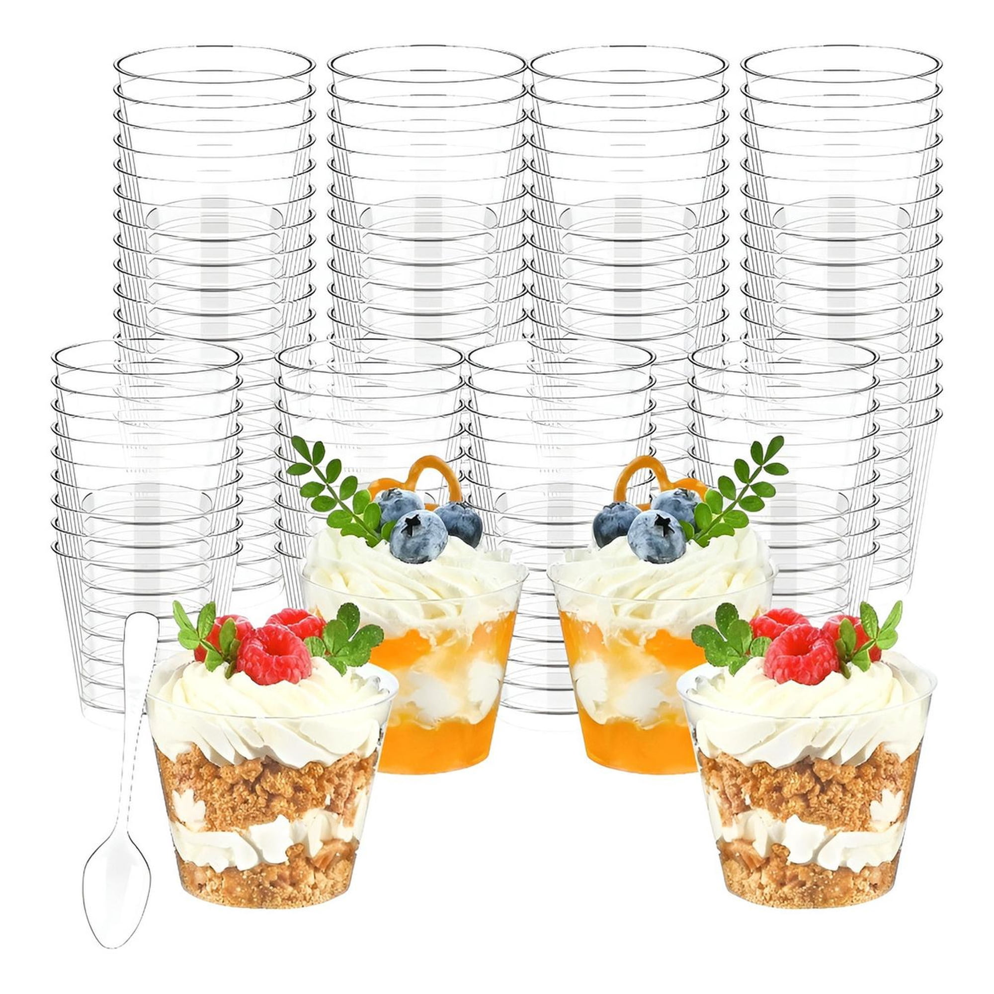 Pasteleriuscl - Set X100 Vasos Postres + 100 Cucharas Postres Desechables Trasnparente / Vasos Postres Y Cucharas