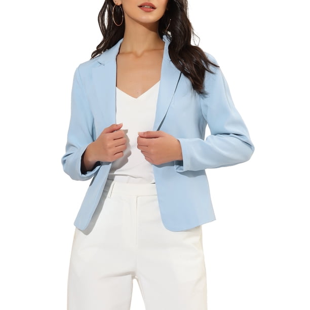INSPIRE CHIC Blazer de regreso a clases para mujer, chaqueta de traje corta de verano para usar en el trabajo, azul cielo sólido, talla M