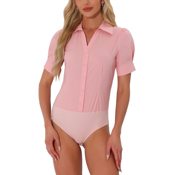 INSPIRE CHIC Camiseta de Trabajo de Manga Corta para Mujer con Botones, Body de Una Pieza, Rosa M