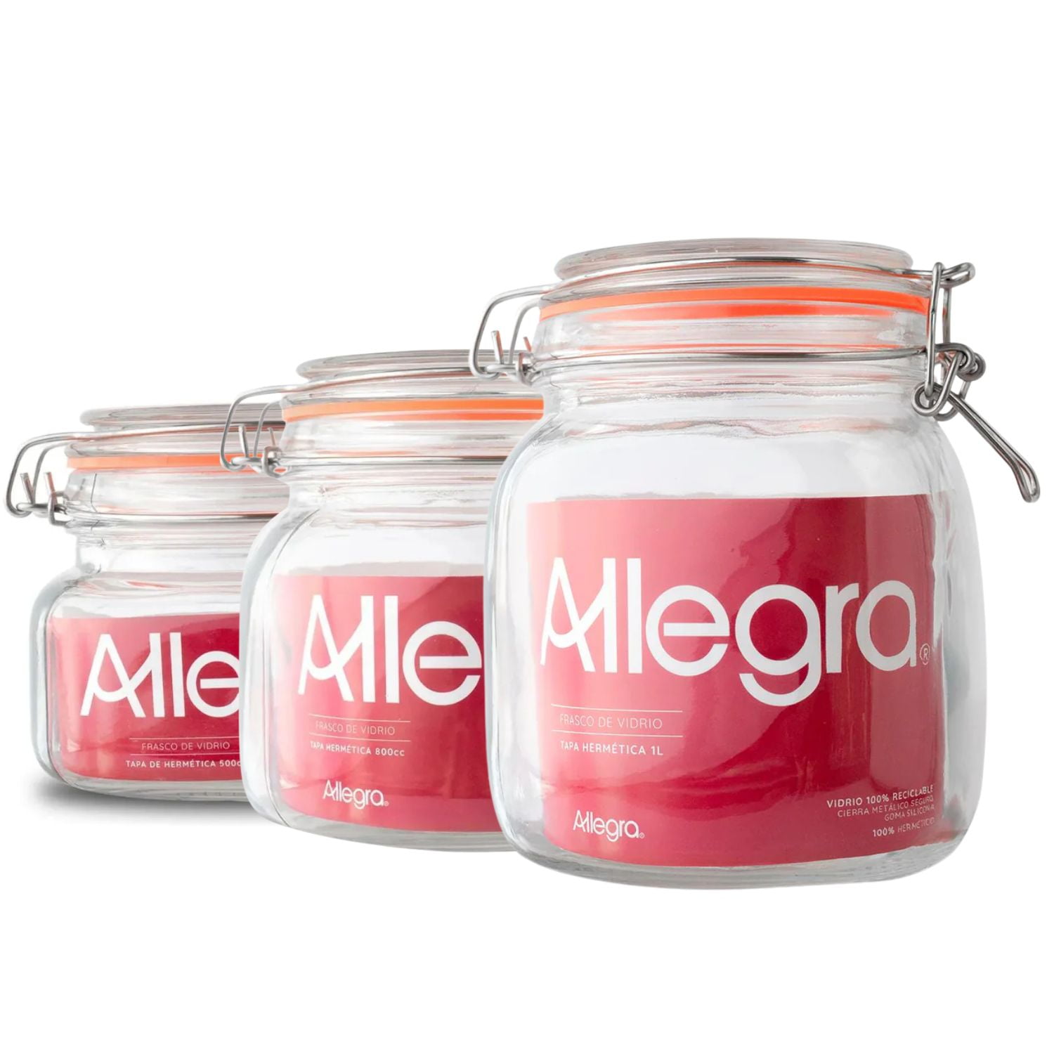 Set 3 Frascos Vidrio Con Tapa Hermetica Transparente Allegra