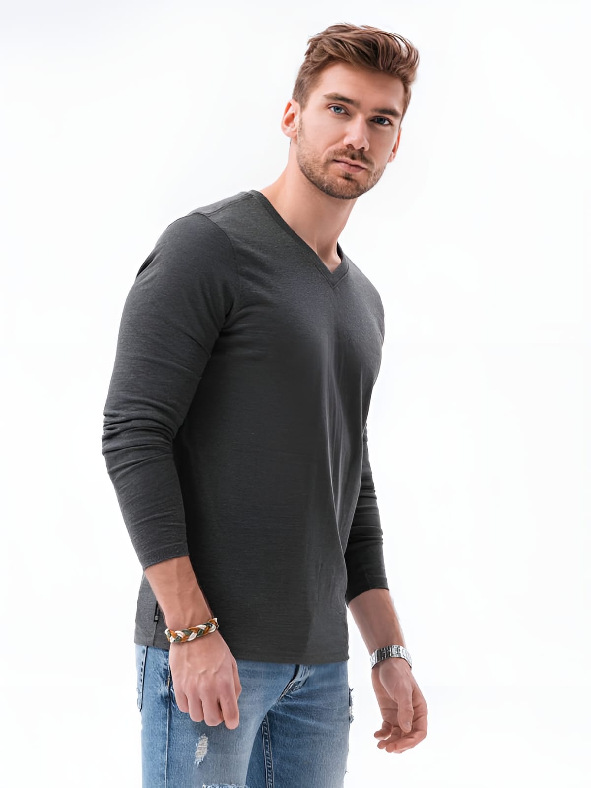 Home Fashion - Polera Hombre Manga Larga Cuello V Gris Talla M