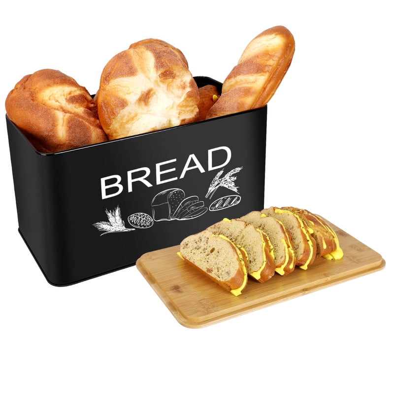 Jiguoor - Caja De Pan Negra Extragrande Dimensiones: 12,99 Pulgadas X 7,08 Pulgadas X 7,08 Pulgadas Cuenta Con Una Tapa De Tabla De Cortar De Madera Caja De Pan De Metal Ideal Para Organización Y Almacenamiento