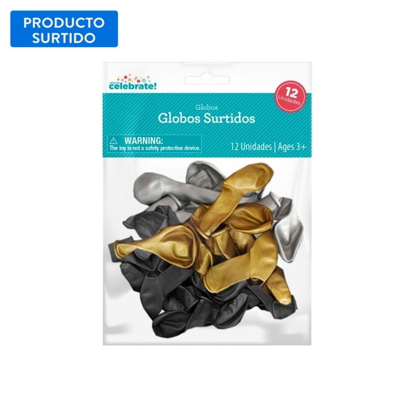 Set 12 globos surtidos dorado-negro-plata