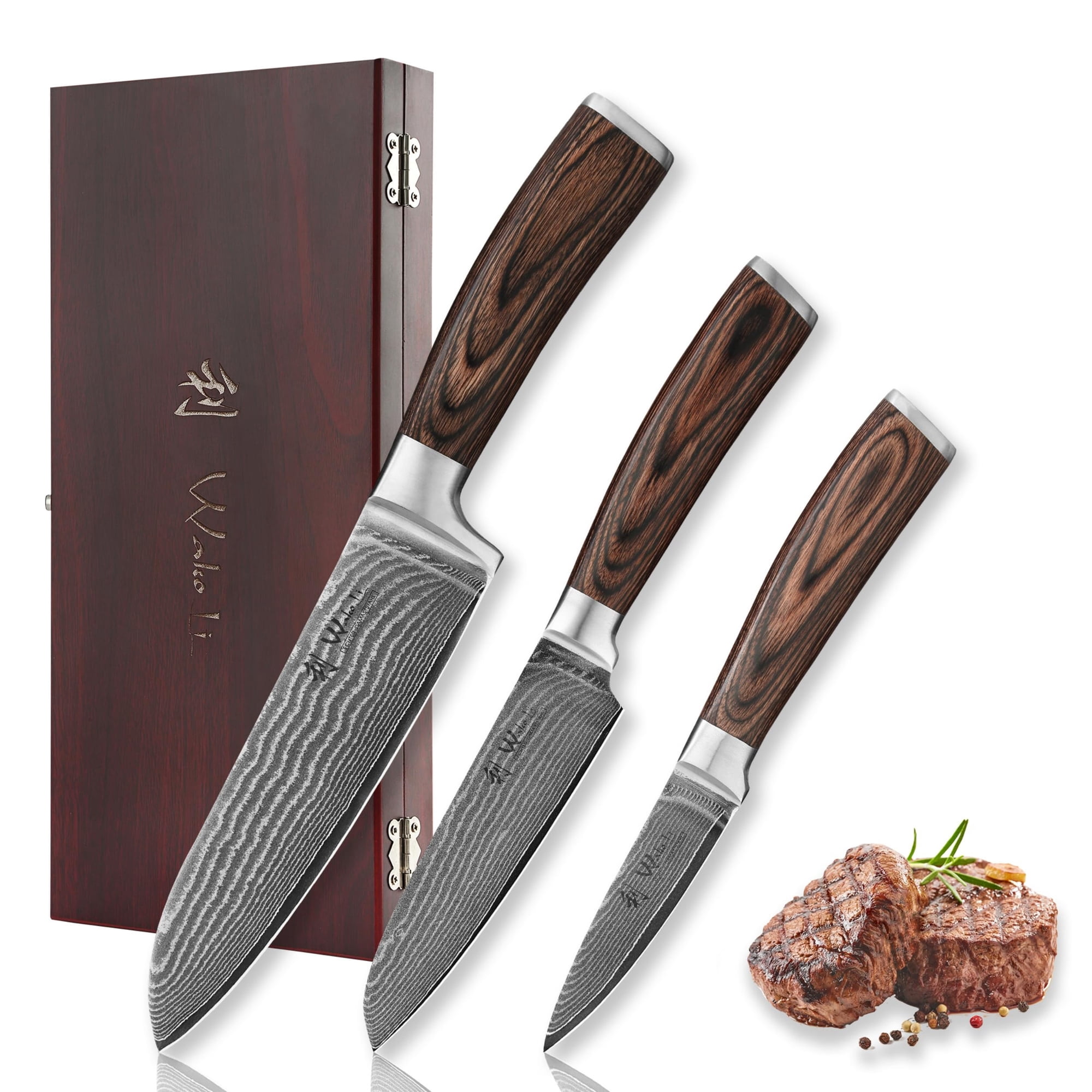 Juego De Cuchillos De Cocina Wakoli Edib De 3 Piezas De Acero De Damasco Vg10