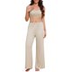 thumbnail image 2 of Conjunto de pijama de 3 piezas para mujer, top corto con tirantes finos, cárdigan corto de manga larga, pantalones de pierna ancha con corte y lazo cruzado, ropa de dormir grande caqui, 2 of 6