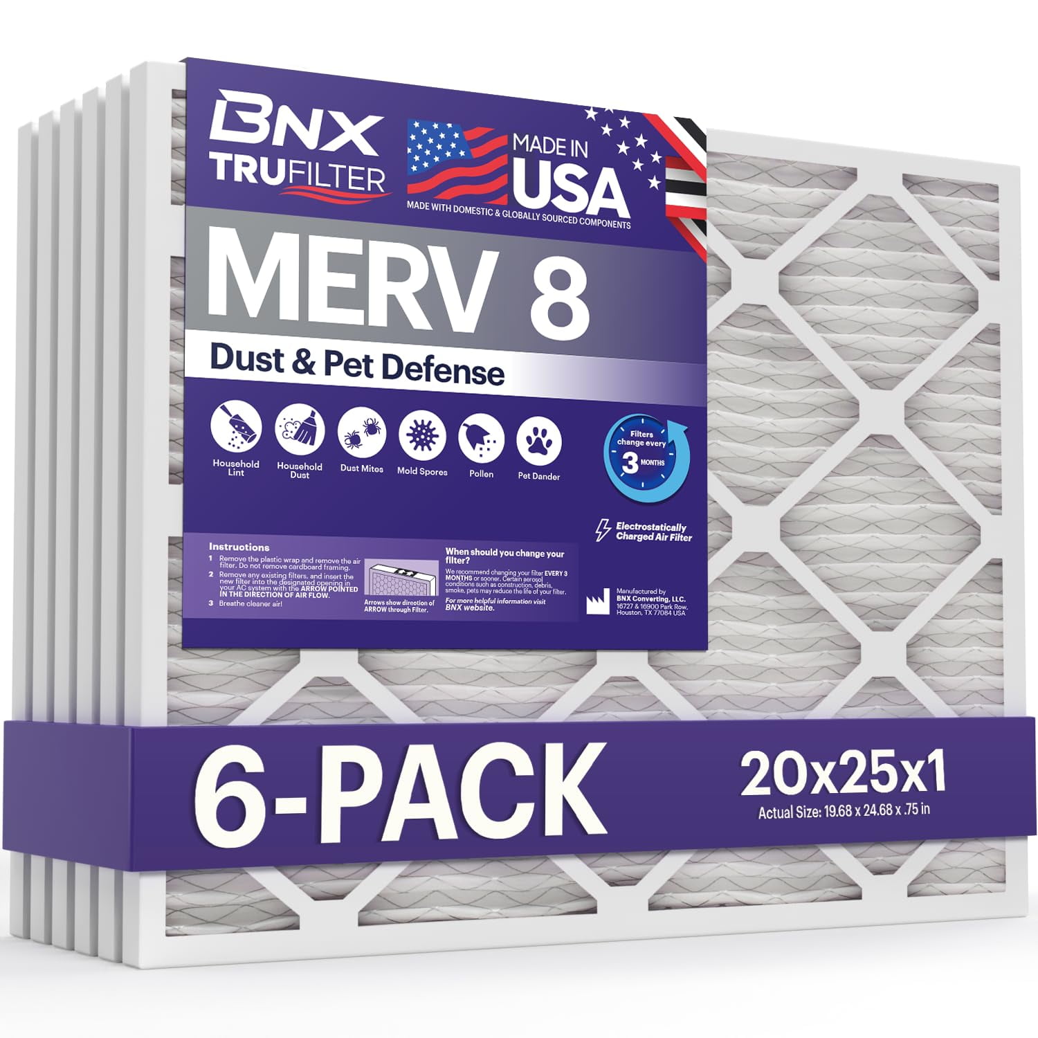 Filtro De Aire Bnx Trufilter 20x25x1 Merv 8 Para Aire Acondicionado