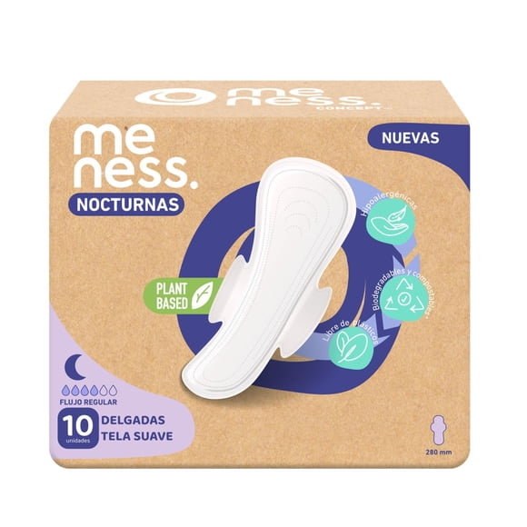 Toallas Higiénicas Meness Concept Nocturnas Tela Suave Hipoalergénica Biodegradable, 10 Un